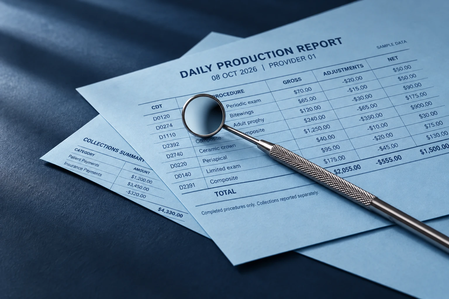 Dental mirror on sample production and collections reports; illustrative figures.
